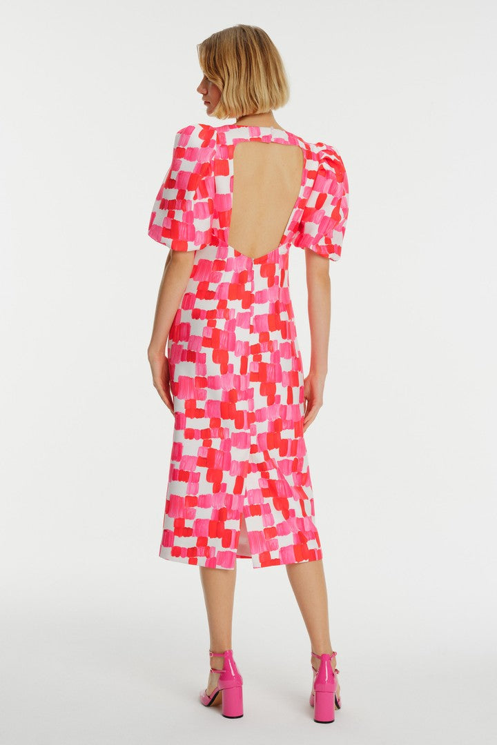 Karpuz Kol Sırt Dekolteli Midi Desenli Elbise