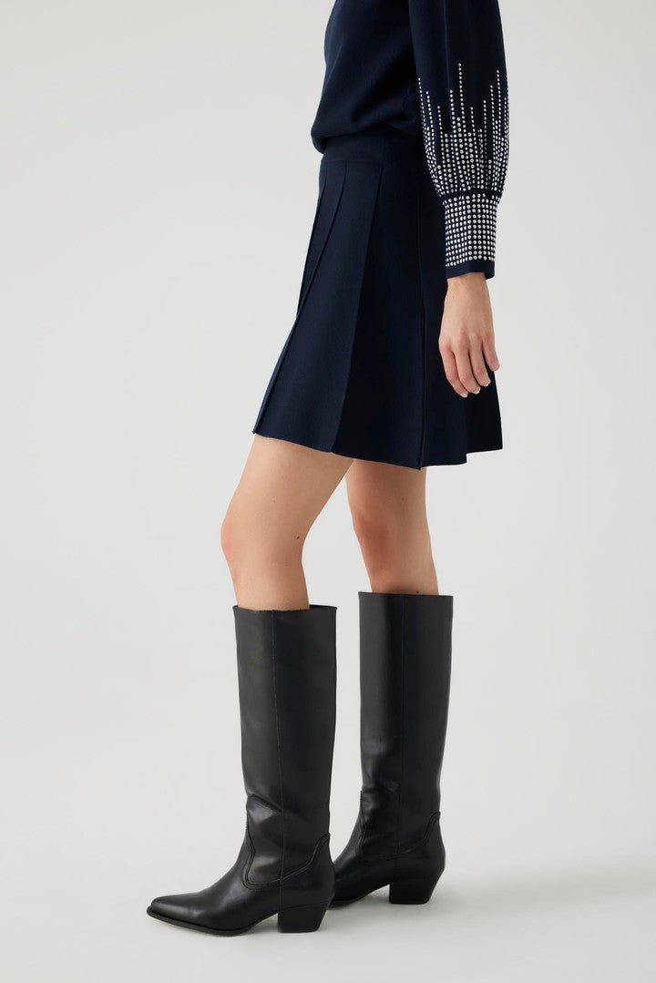 Pileli Regular Lacivert Mini Triko Etek