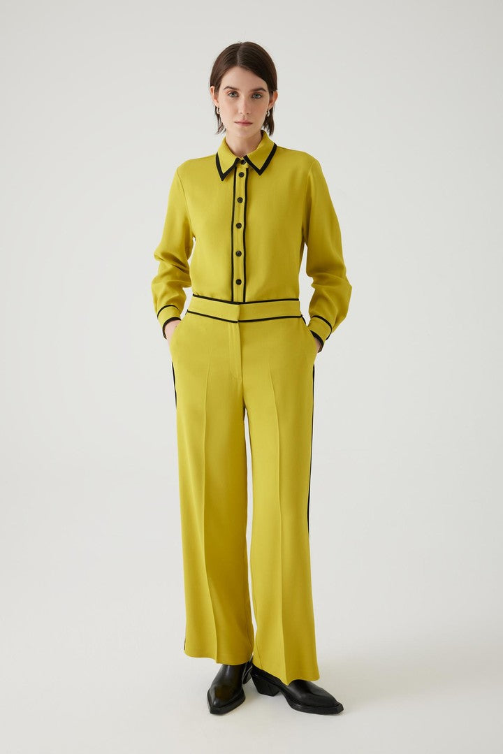 Beli Lastikli Biye Detaylı Regular Örme Sarı Pantolon