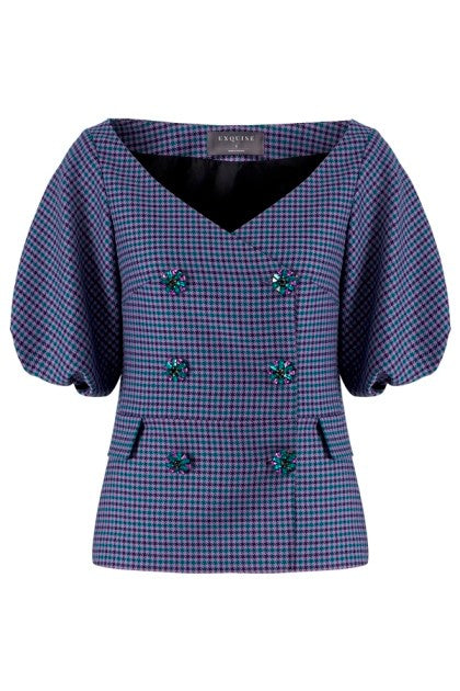 Kayık Yakalı Taşlı Düğme Detaylı Ceket