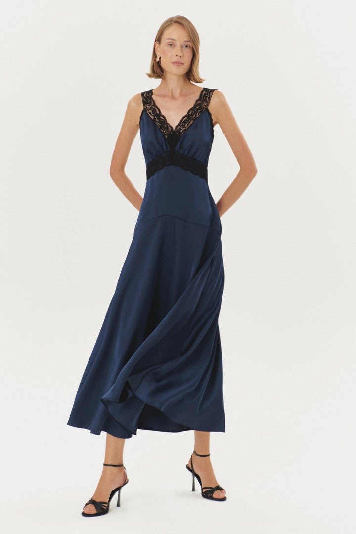 Dantel Detaylı V Yaka Lacivert Maxi Elbise