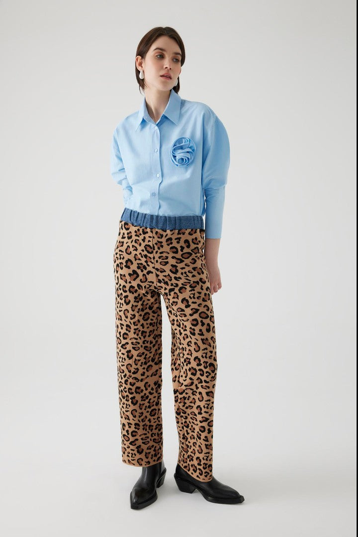 Yüksek Bel Leopar Desenli Beli Lastikli Denim Garnili Regular Triko Pantolon