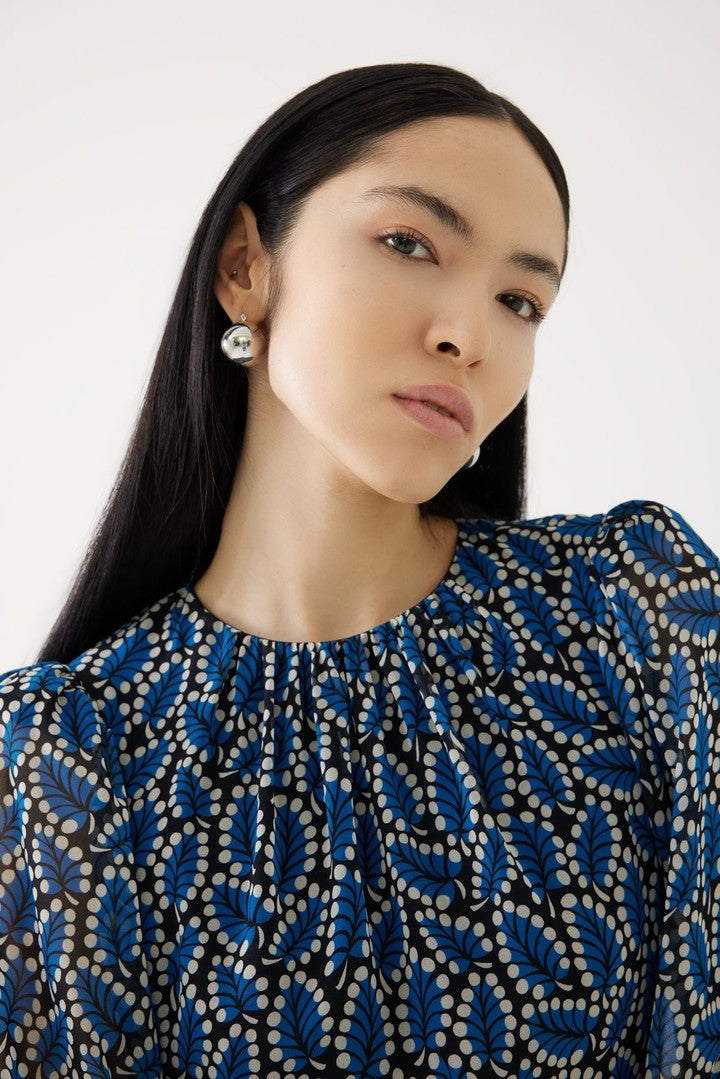 Balon Kollu Yaprak Desenli Elbise