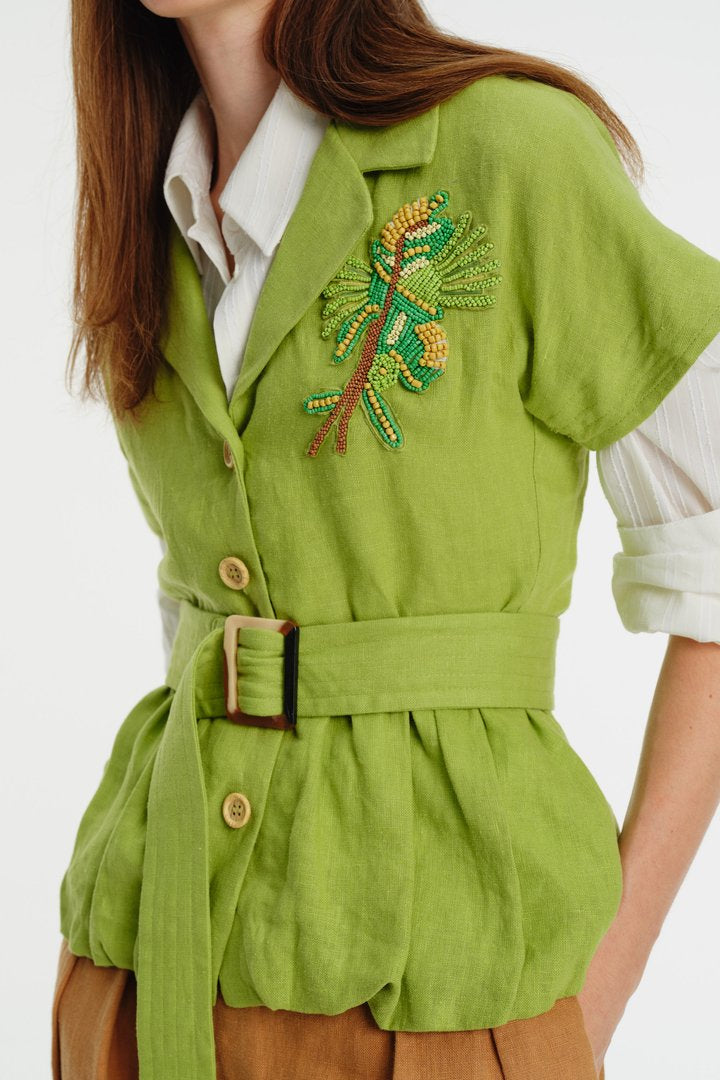 İşlemeli Düşük Kol Balon Kesim Keten Gömlek