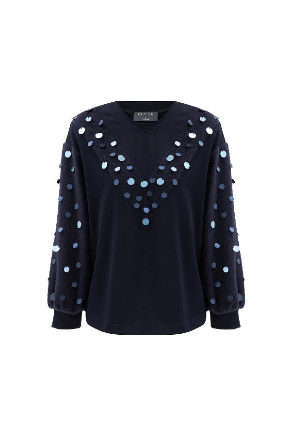 Pul İşlemeli Balon Kol Örme Sweatshirt