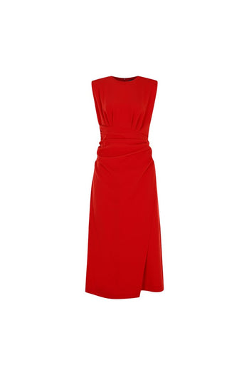 Kırmızı Kolsuz Drapeli Midi Elbise