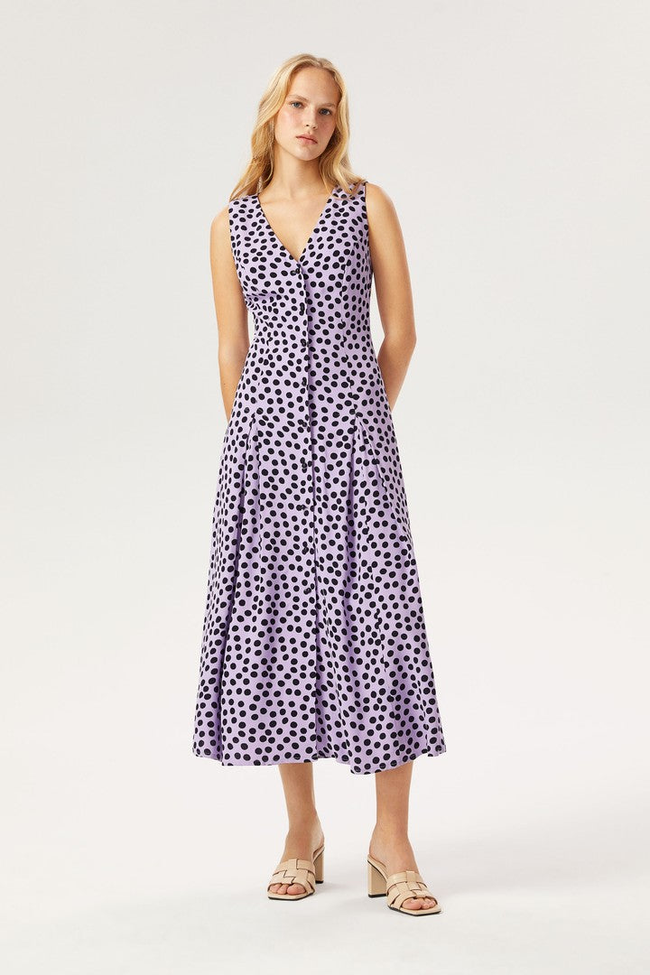 V Yaka Düğmeli Midi Elbise