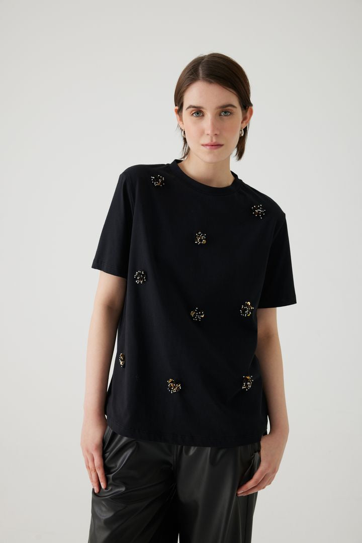 Kısa Kollu Parlak Taş Detaylı Siyah T-shirt