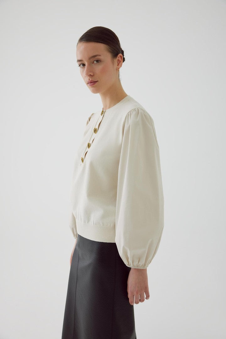 Bisiklet Yaka Pamuklu Kolu Lastikli Regular Kemik Triko Bluz