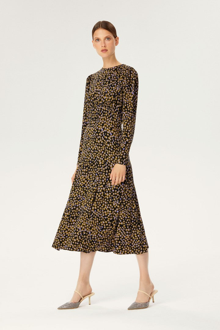 Sıfır Yaka Desenli Midi Elbise