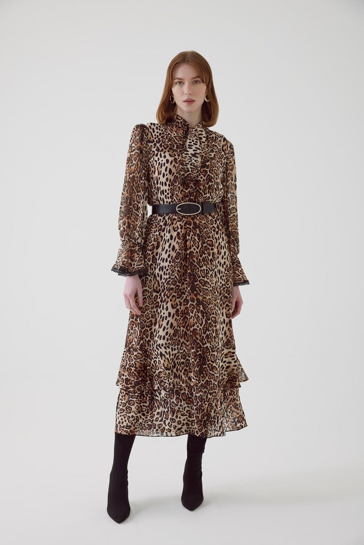 Leopar Desenli Cepli Rahat Kesim Midi Elbise