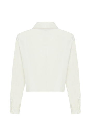 İşleme Detaylı Pamuk Düz Kesim Ekru Gömlek