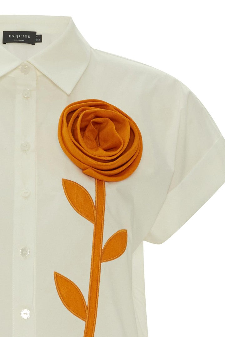 Ekru Çiçek İşlemeli Gömlek