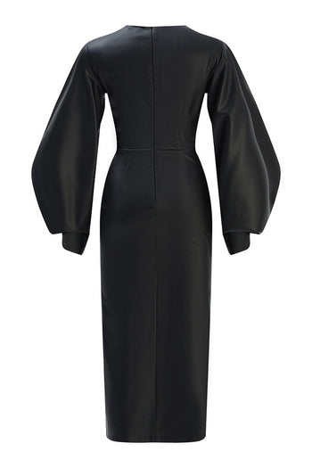 Büzgü Detaylı Deri Elbise