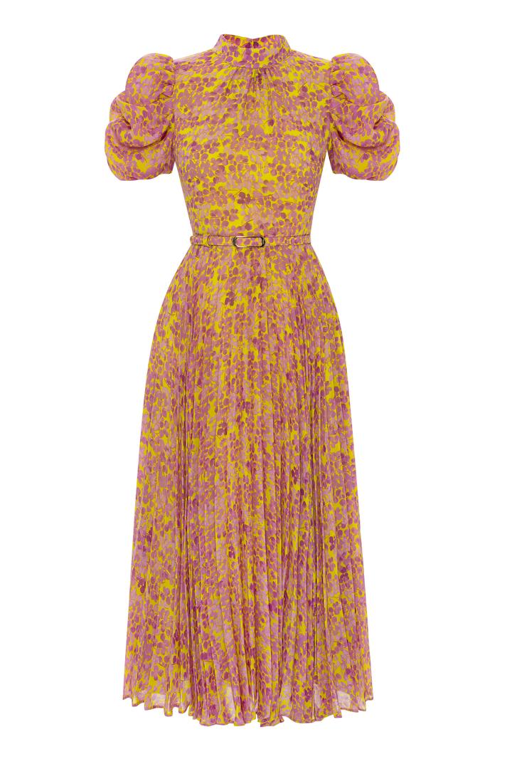 Balon Kol Desenli Dik Yaka Maxi Elbise