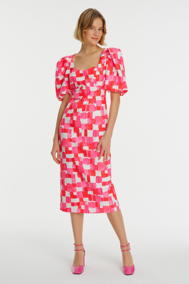 Karpuz Kol Sırt Dekolteli Midi Desenli Elbise