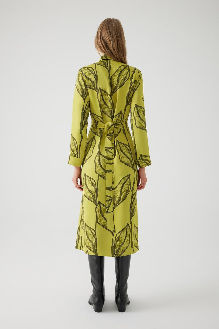 Çiçek Desenli Yeşil Midi Gömlek Elbise