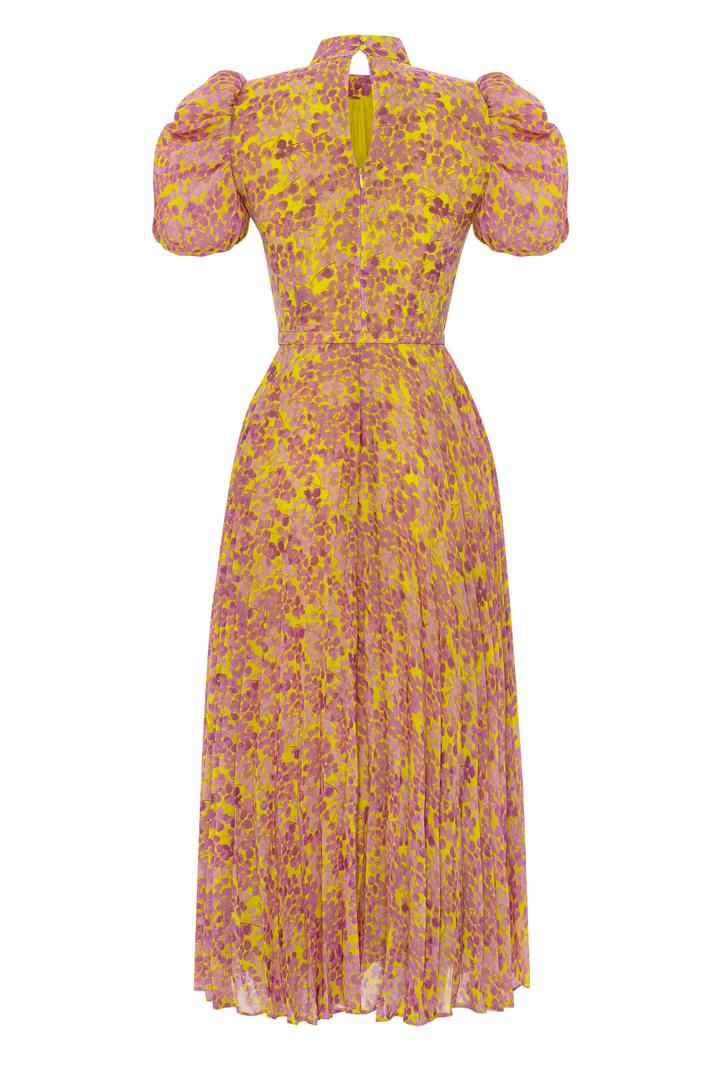 Balon Kol Desenli Dik Yaka Maxi Elbise