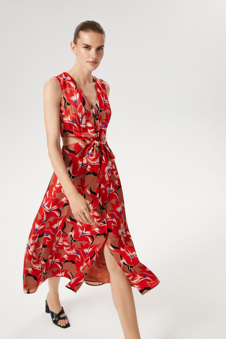 V Yaka Desenli Kolsuz Elbise