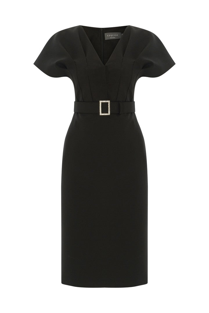 Kemerli Slim Fit Midi Siyah Elbise