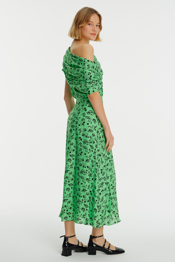 Düşük Omuz Çiçek Desenli Midi Elbise