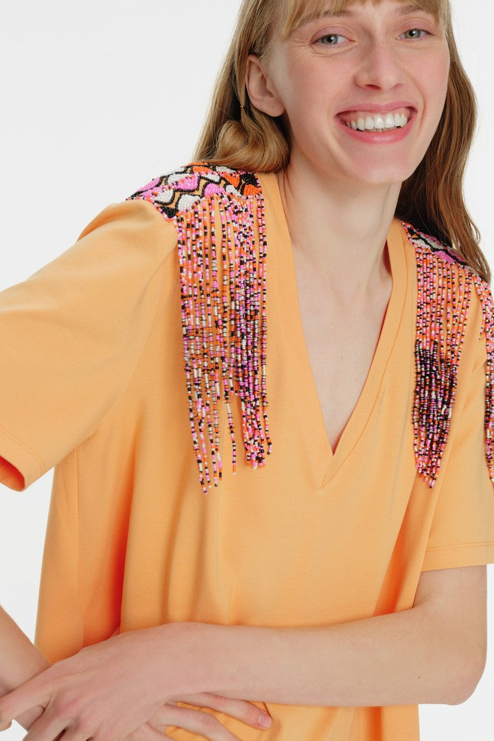 V Yaka Midi Boy İşlemeli Örme Elbise