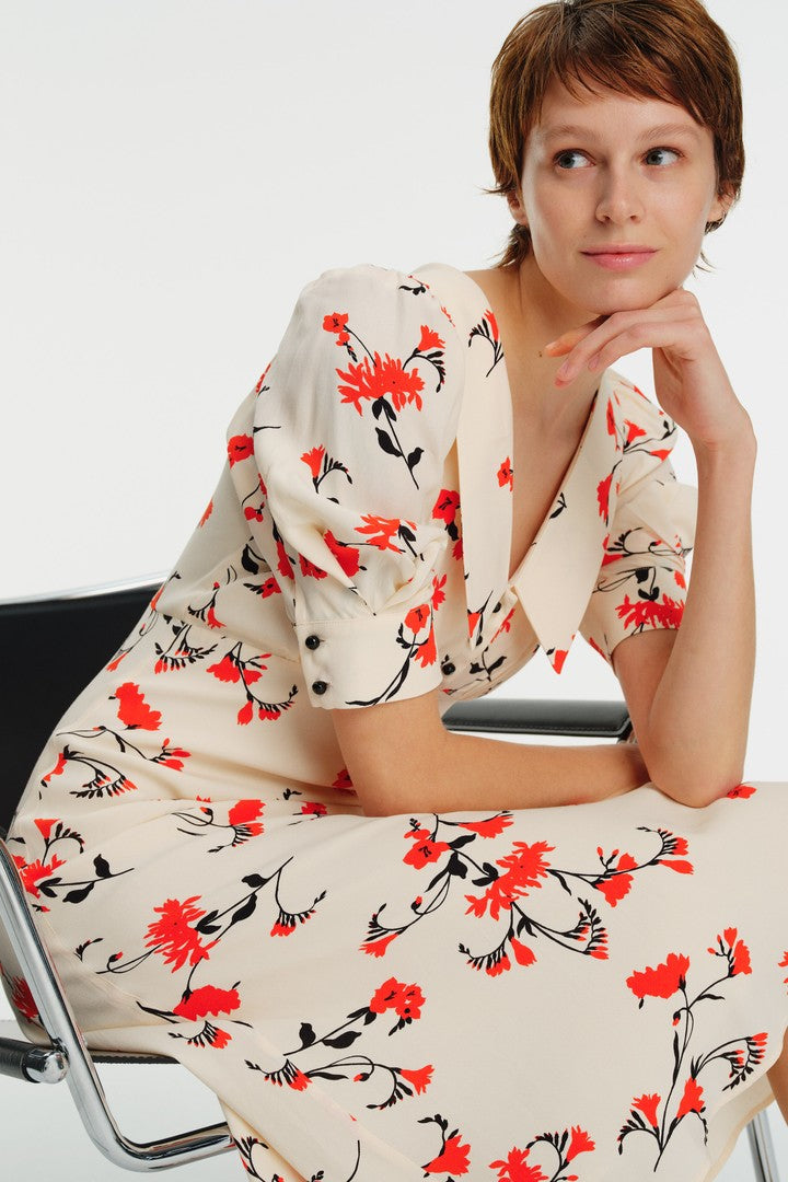 Karpuz Kol Bebe Yaka Çiçek Desenli Midi Elbise