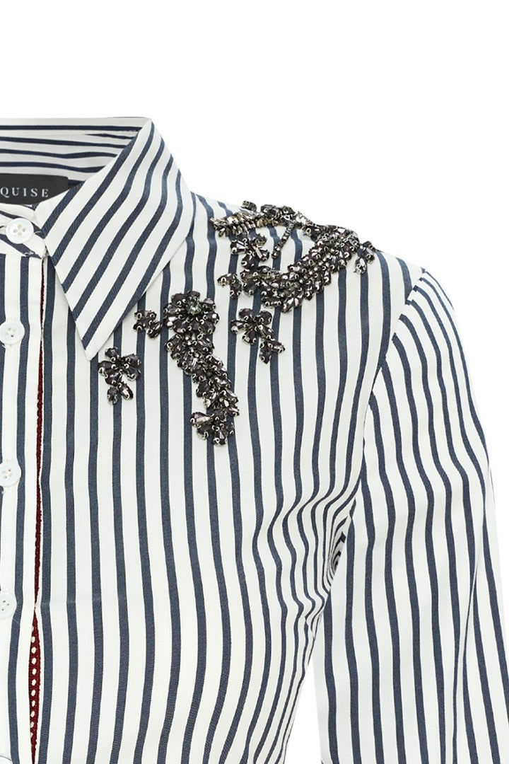 İşleme Detaylı Bele Oturan Slim fit Çizgili Gömlek
