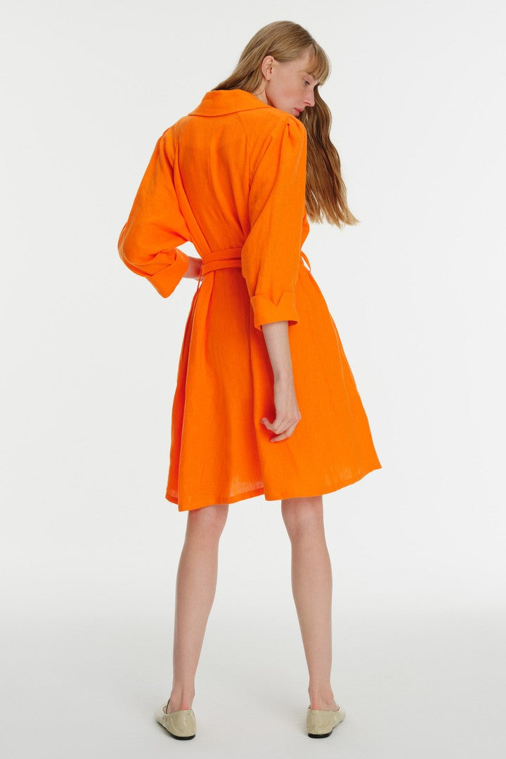 Tek Düğmeli Truvakar Kol Keten Elbise