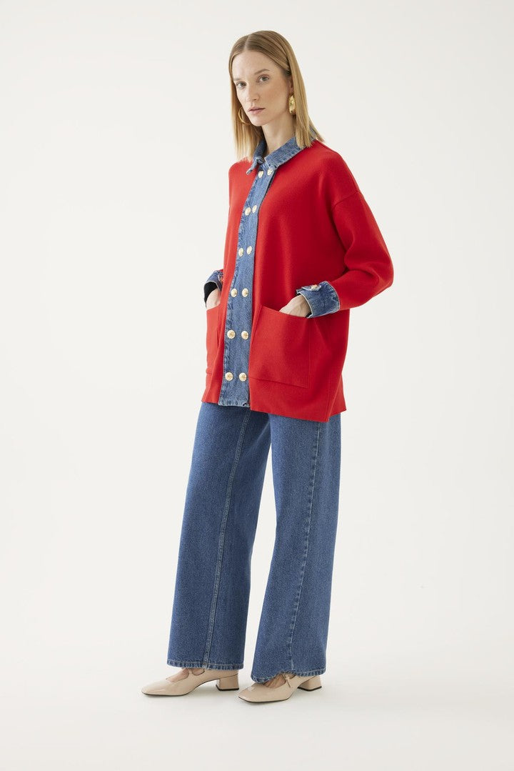 Jean Detaylı Triko Hırka