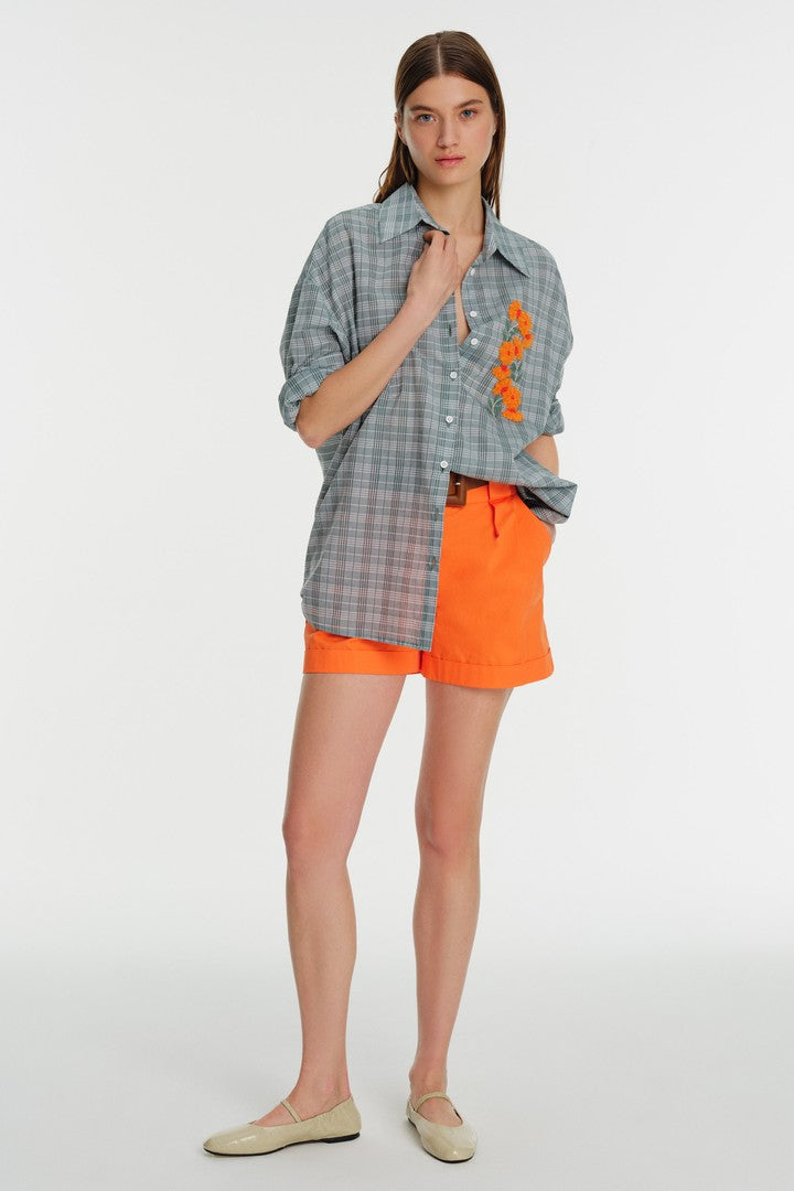 Uzun Kol Nakış Detaylı Ekose Pamuk Gömlek