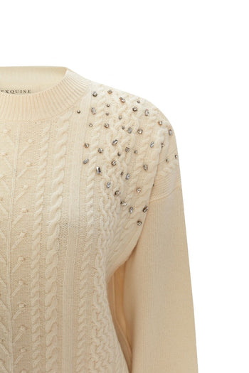 Bisiklet Yaka Kristal Taş El İşli Regular Yün Triko Kazak