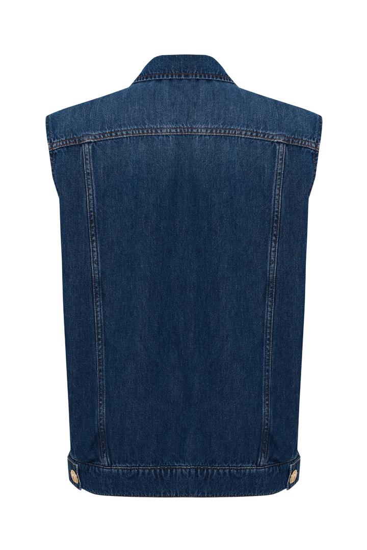 Taş Detaylı Pamuk İndigo Denim Yelek