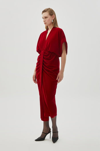 V Yaka Kadife Midi Elbise