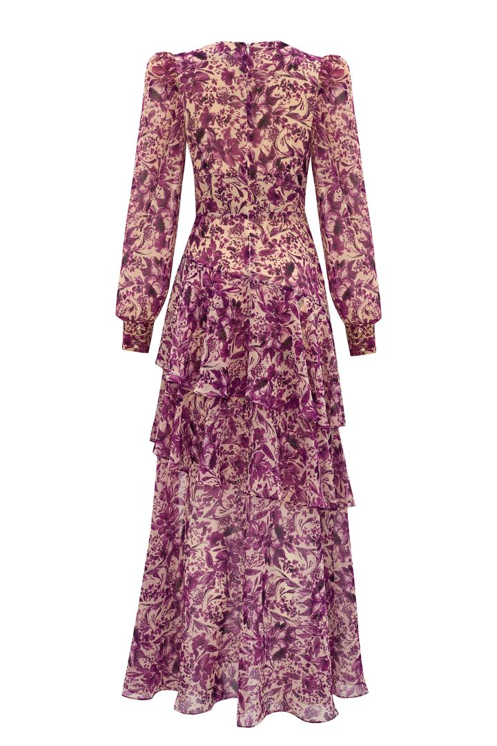 Çiçek Desenli Uzun Kollu Maxi Elbise