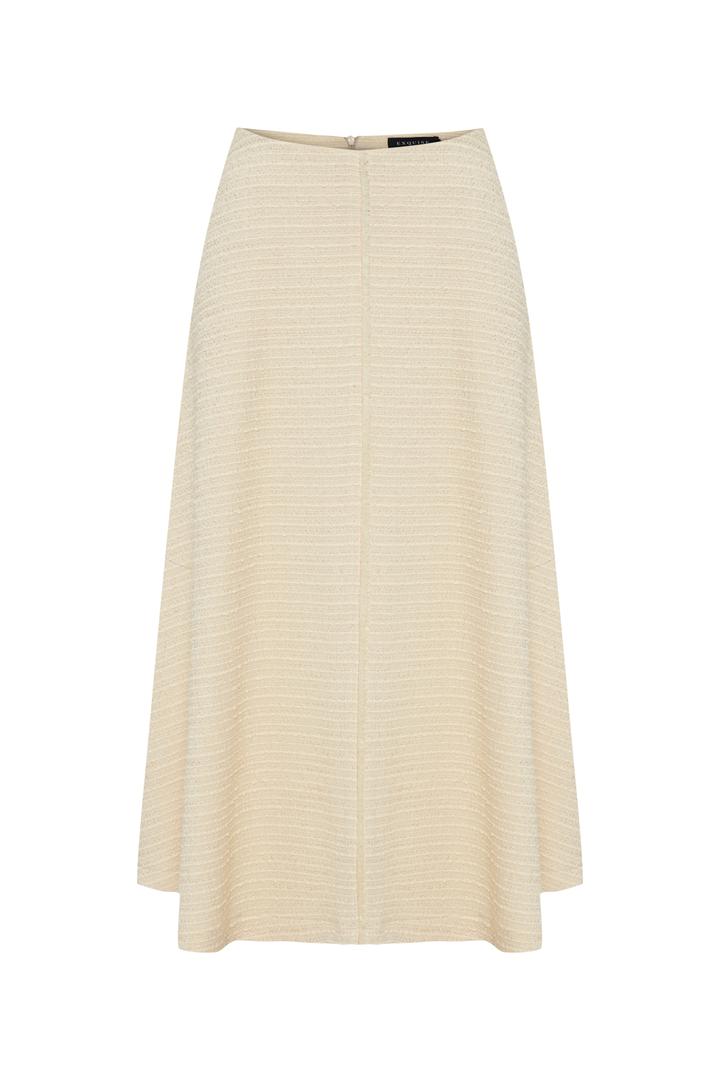 Ekru Renk Dokulu Kumaş Diz Altı Kloş Etek