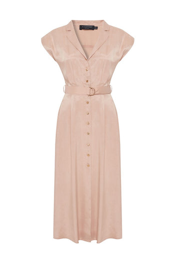 Kolsuz Önden Düğmeli Kemerli Modal Kumaş Midi Pembe Elbise