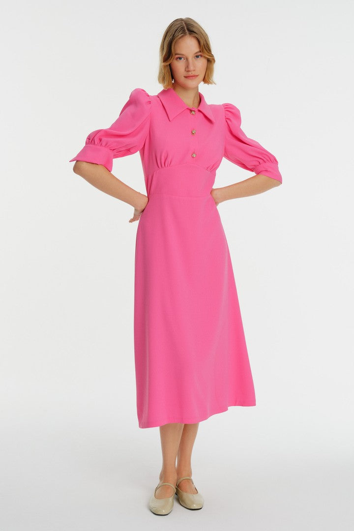 Karpuz Kol Gömlek Yaka Midi Krep Elbise