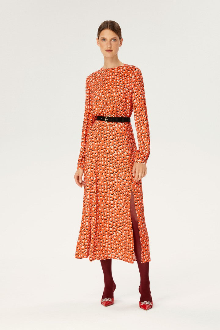 Siyah Kemerli Turuncu Elbise