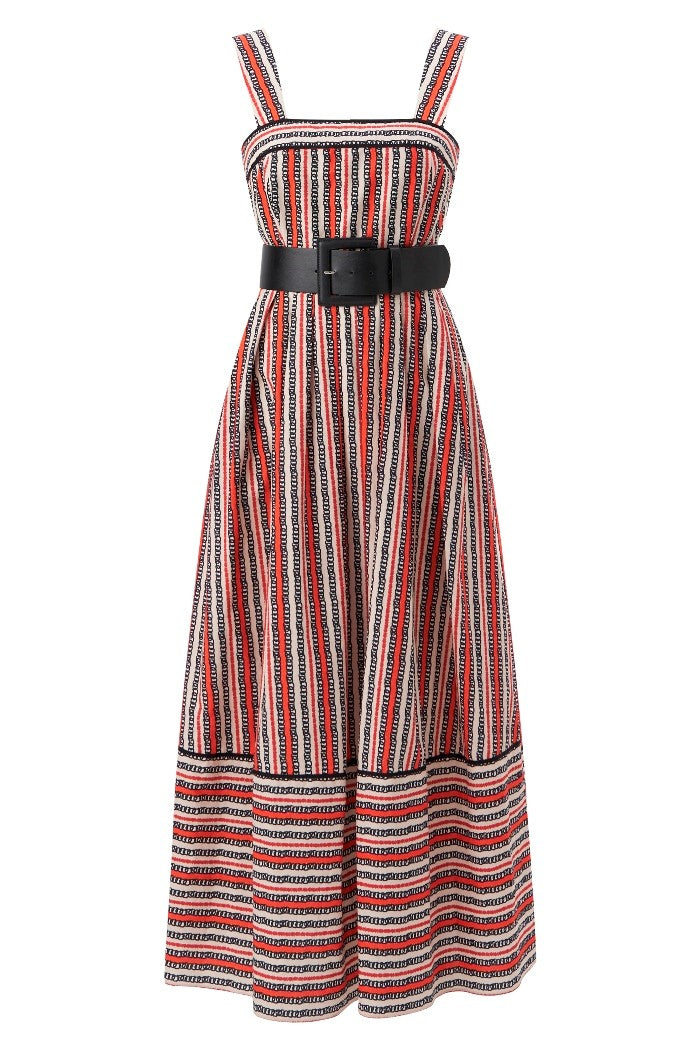 Geniş Askılı Pileli Çizgi Desenli Midi Pamuklu Elbise