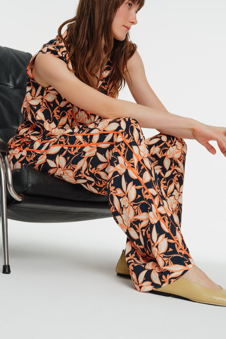 Yüksek Bel Biyeli Desenli Palazzo Pantolon