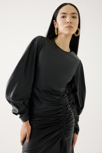 Büzgü Detaylı Deri Elbise