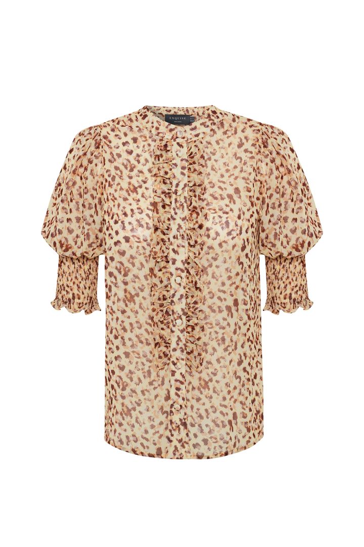 Kısa Kol Fırfır Biye Detaylı Regular Fit Desenli Şifon Gömlek