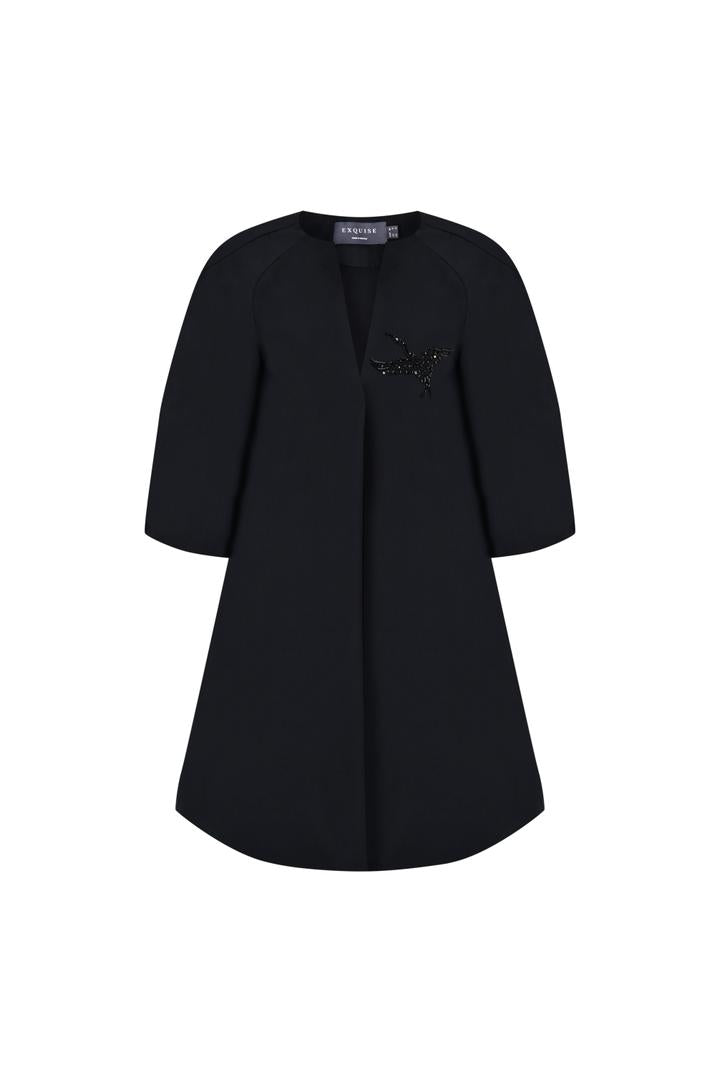 İşleme Detaylı V Yaka Siyah Regular Mini Elbise