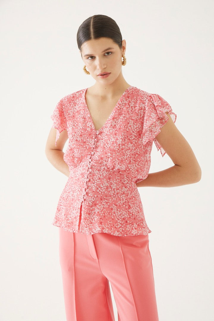 V Yaka Düğmeli Regular Bluz