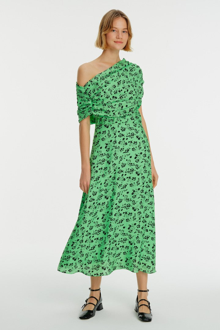 Düşük Omuz Çiçek Desenli Midi Elbise