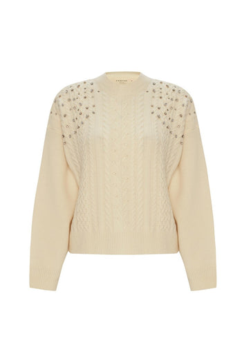 Bisiklet Yaka Kristal Taş El İşli Regular Yün Triko Kazak