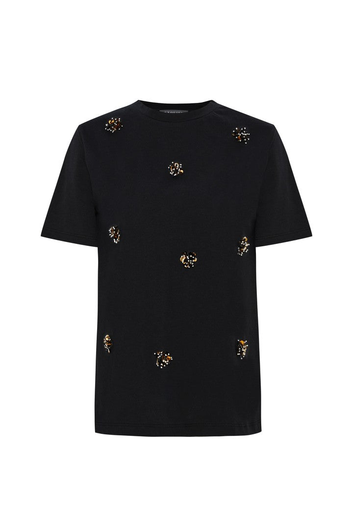 Kısa Kollu Parlak Taş Detaylı Siyah T-shirt