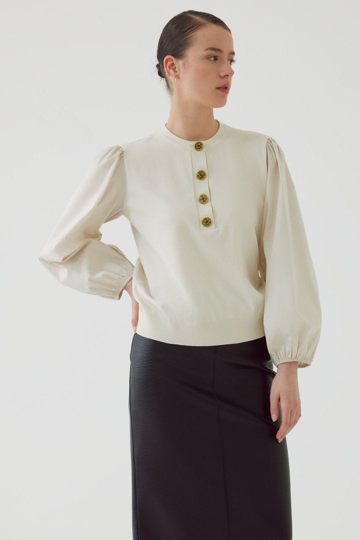 Bisiklet Yaka Pamuklu Kolu Lastikli Regular Kemik Triko Bluz