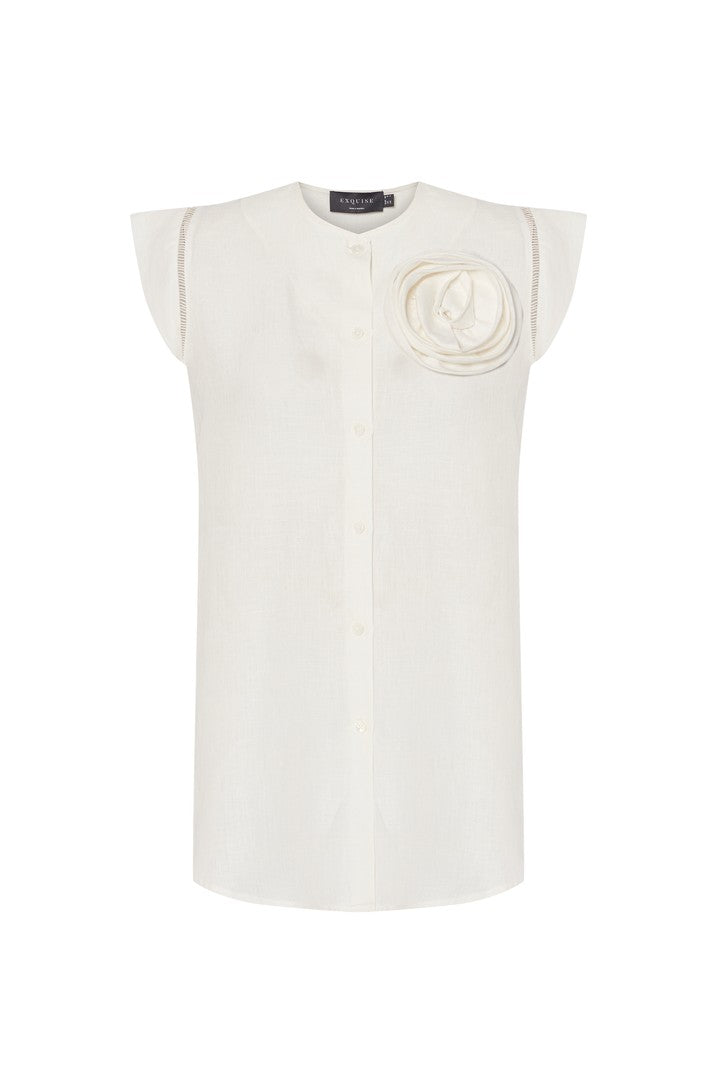 Çiçek İşlemeli Keten Gömlek